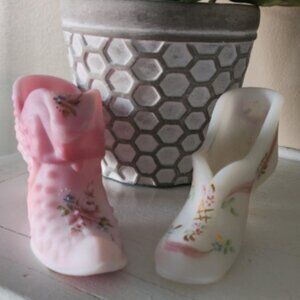 Fenton Rosalene Satin & Cameo White Shoe both with Handpainted Flowers Signed